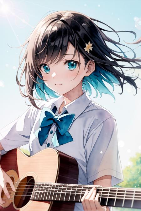 00076-3716346853-masterpiece, anime style, watercolor, teal and orange tone, portrait, 1girl, school uniform, perfect fingers, playing acoustic g.png